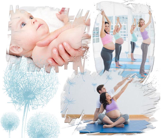 Composición con mujeres embarazadas realizando pilates y yoga y un bebé al que le están dando un masaje en Salud para Todos Parla
